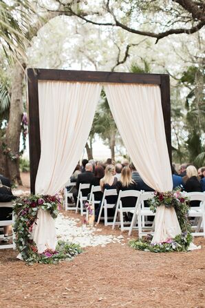 Fabric-Draped Ceremony Arch with Eucalyptus Garlands