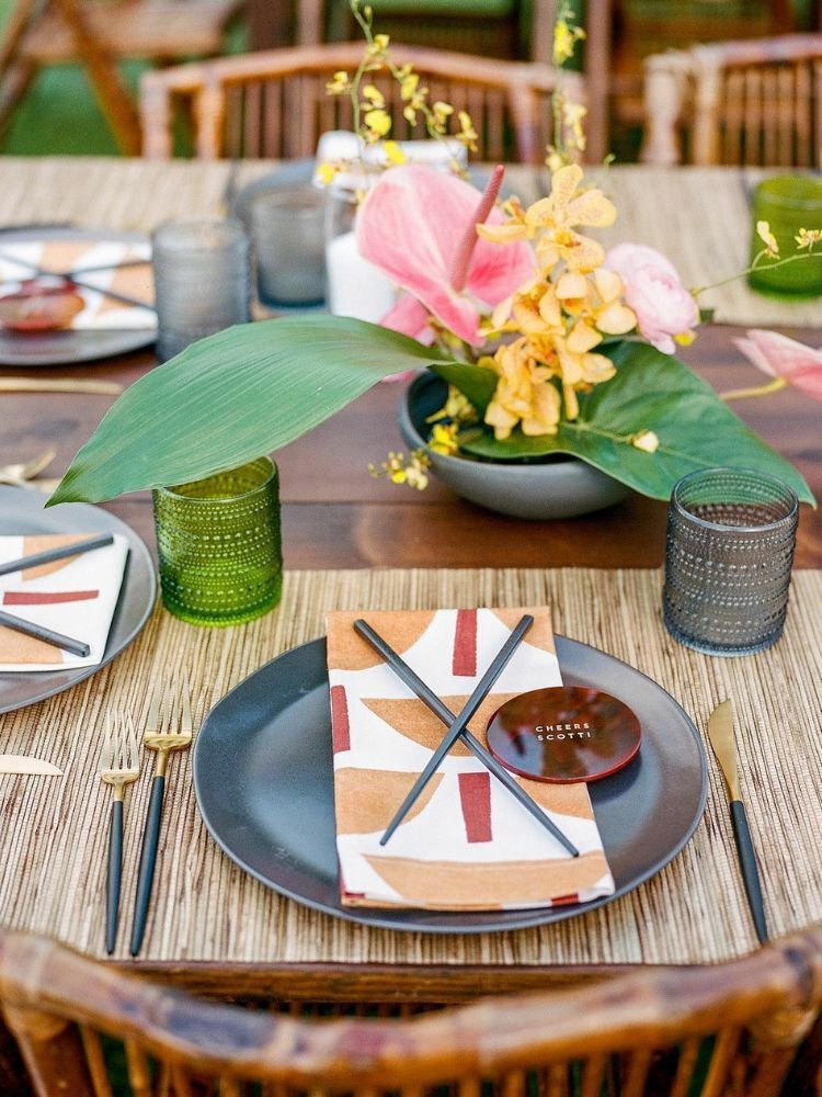 tropical place setting with patterned napkin