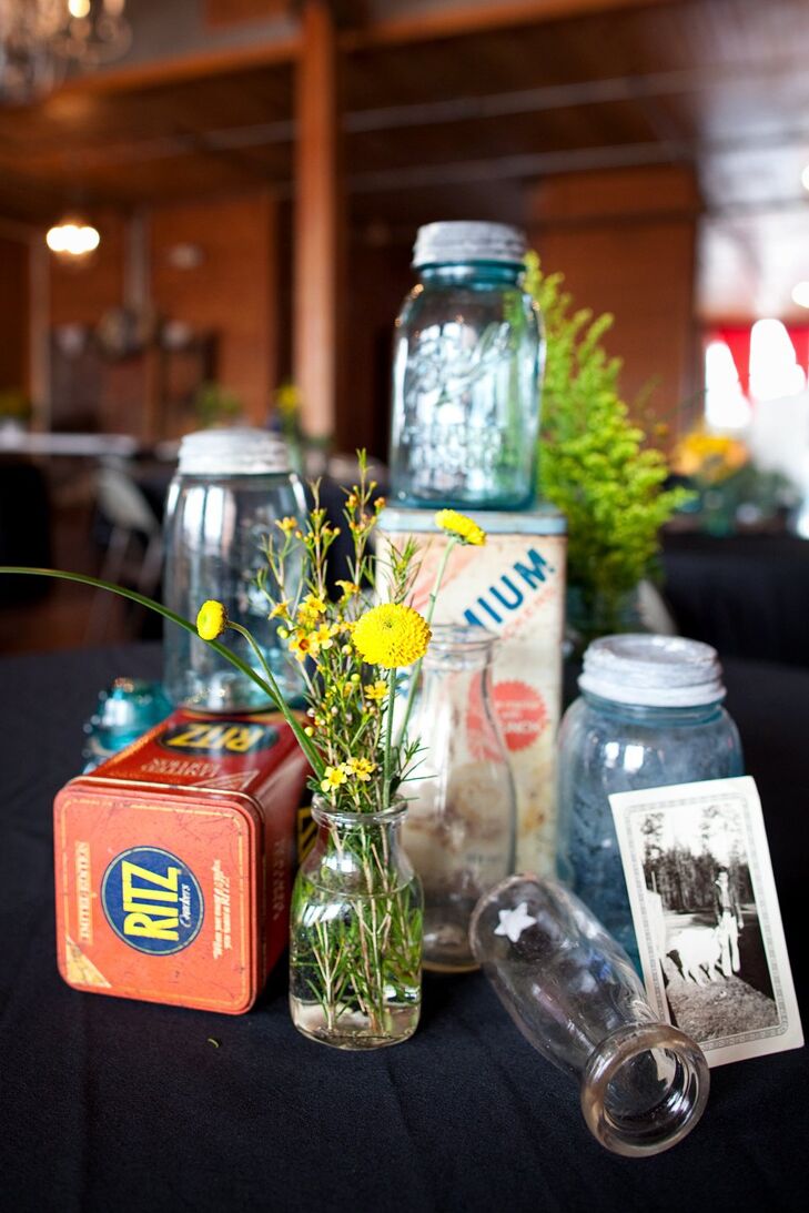The decorations at the wedding were provided by family members for a true vintage feel and look.