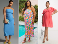 Collage of three plus size beach wedding guest dresses