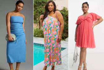 Collage of three plus size beach wedding guest dresses