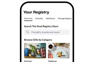 A mobile screen that lets you search or browse wedding gifts in The Knot app.