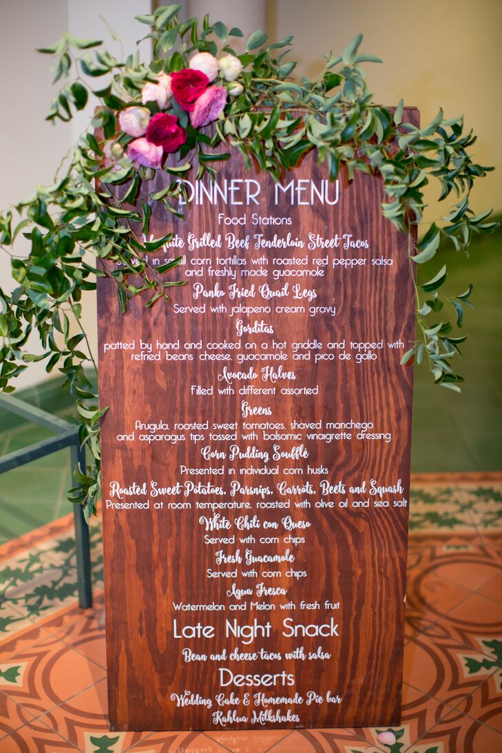 “Before we had a venue or a date, we knew we were having Don Strange Ranch cater our wedding,” Alicia says. “Ian and I have salivated at every party we’ve attended where they have catered.” The caterer, which specializes in Tex-Mex meets Southern cuisine, perfectly captured the couple’s wedding theme bite by bite from the fried quail with jalapeno gravy and hand-pressed gorditas to the avocado halves stuffed with shrimp and delicious ceviche.
