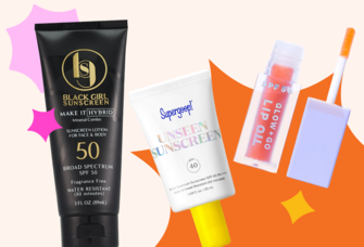 Collage of travel-sized sunscreen products. 