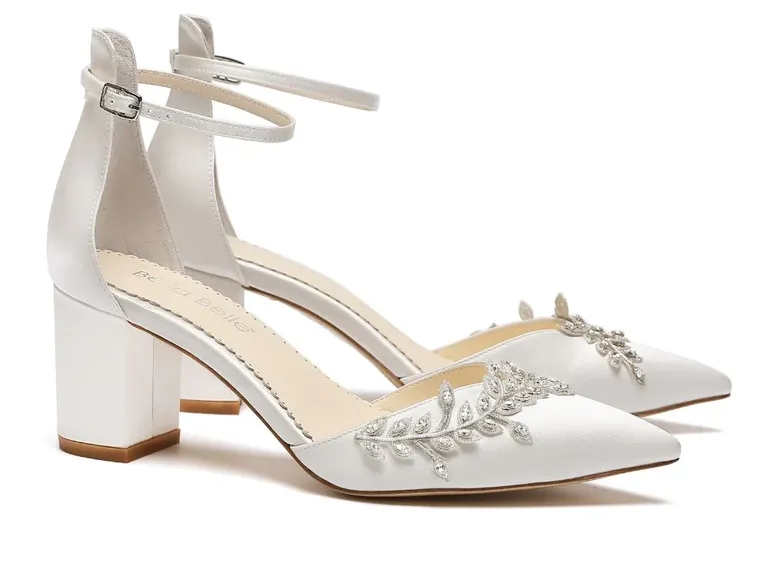 Pointed block heels with embellished vine across front