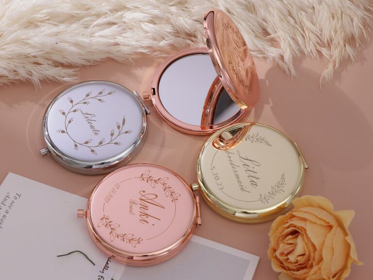 Personalized compact mirrors in rose gold, silver, and yellow gold from Etsy