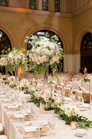 Glamorous Tall Clear Centerpieces with Roses, Leaves and Baby's Breath
