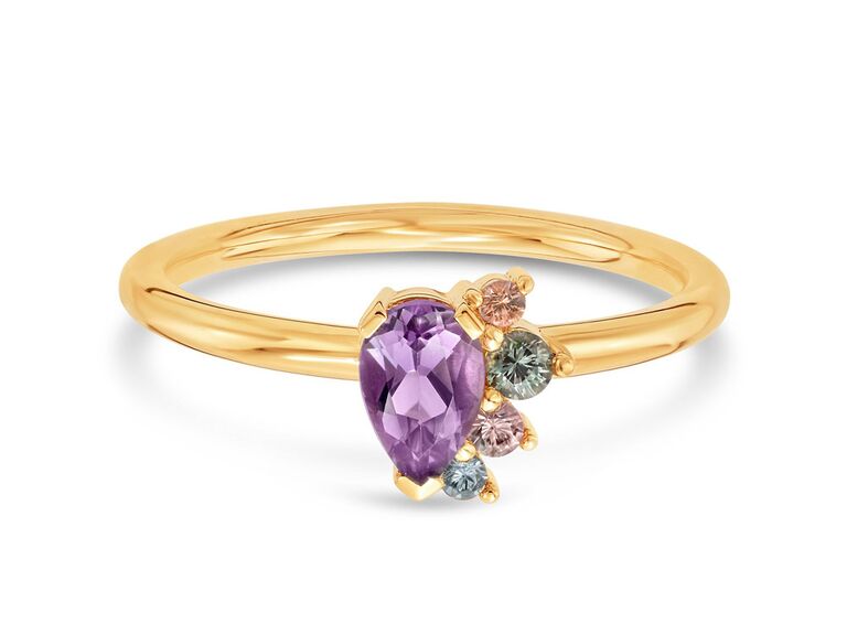 marrow fine amethyst engagement ring with pear shaped amethyst center stone colorful side amethyst and sapphire gemstones and plain yellow gold band