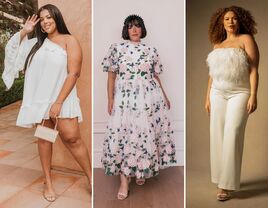 Collage of three models wearing plus-size wedding party dresses. 