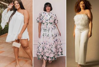 Collage of three models wearing plus-size wedding party dresses. 