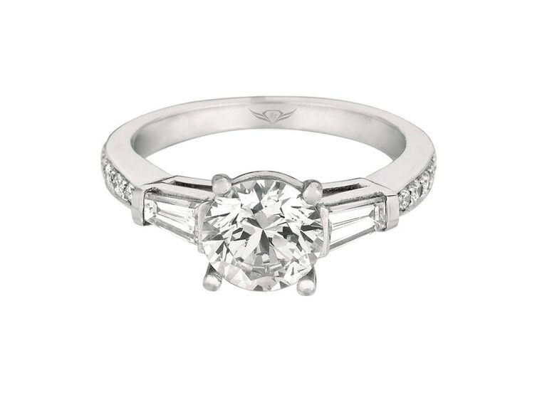 round cut engagement ring with tapered baguettes