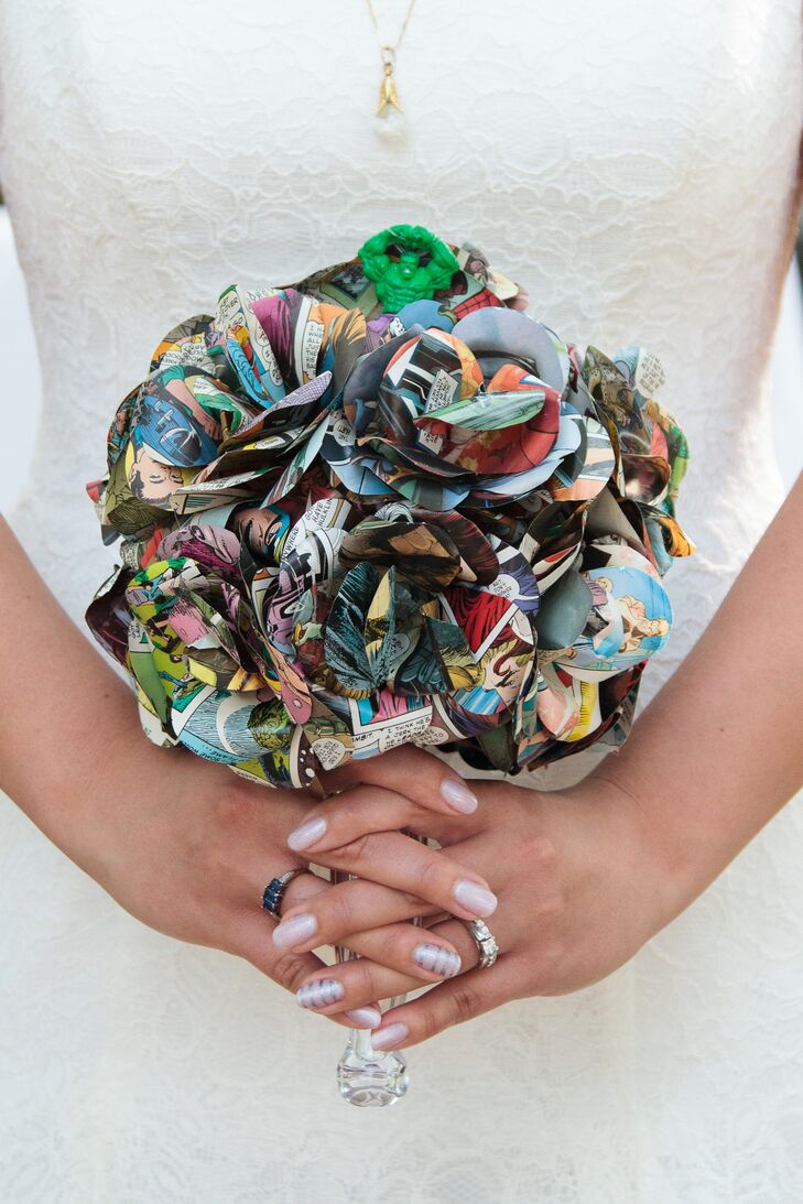“For the flowers, we were inspired by paper flower bouquets seen on Pinterest and around the Internet, so we choose to go with comic book page paper flowers,” says Rebecca.