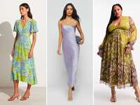 Collage of three summer wedding guest dresses. 