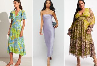 Collage of three summer wedding guest dresses. 