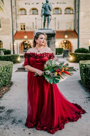 Bride in Red Wedding Dress With Tropical Bouquet
