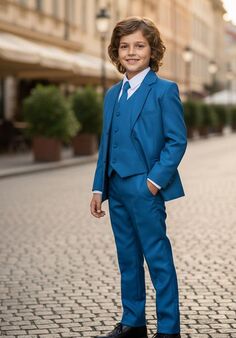 Little Tuxedos "Mason" Kids Cobalt Suit (5-Piece Set) Flower Girl Dress and Ring Bearer Outfit