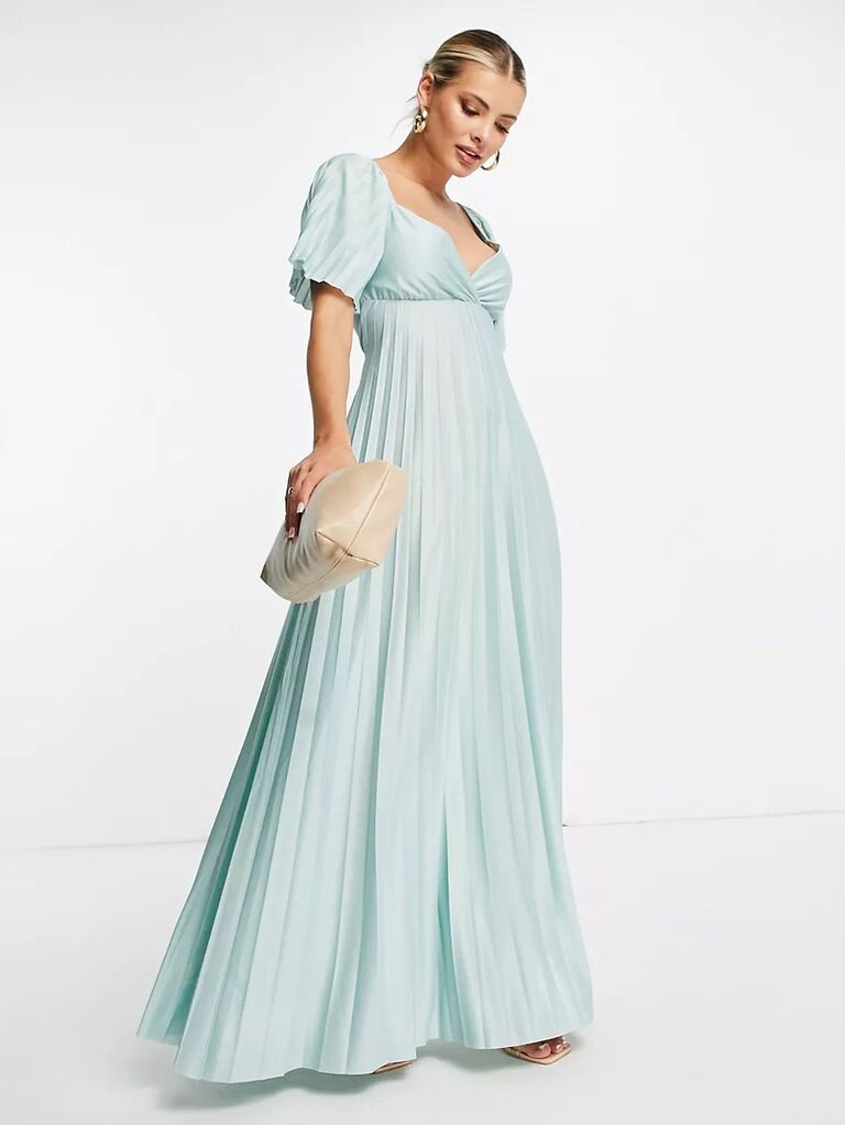 asos light blue pastel maxi dress for wedding guests with pleated flowy short sleeves pleated chest and pleated flowy skirt