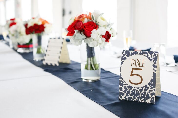 The centerpieces matched the bridesmaids’ bouquets, while the simple table numbers matched the patterns on the escort cards and other decor.