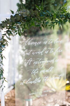 Acrylic Sign with Calligraphy for Wedding at The Ivory Oak in Wimberley, Texas