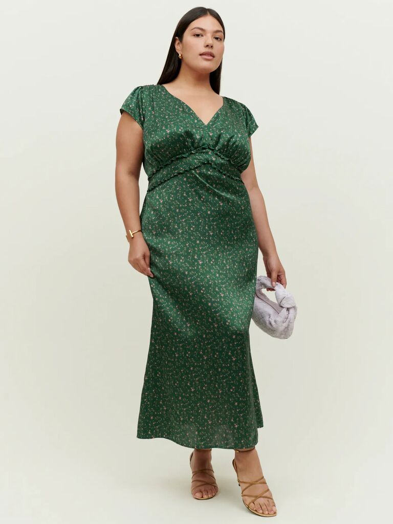 Reformation green floral silk dress for dressy fall engagement photo outfit