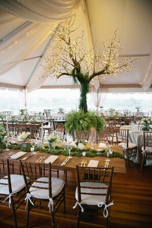 Reception Centerpiece Tree Covered in Lights and Greenery
