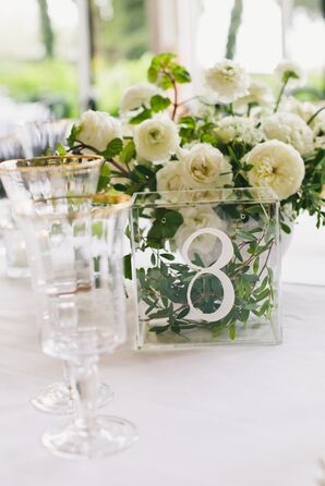 Elegant Glass Table Numbers and White Flowers
