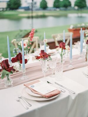 Pastel Tablescape with Blue Taper Candles at Cincinnati, Ohio, Wedding