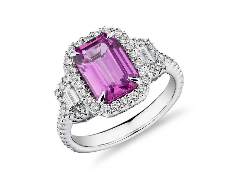 Blue Nile emerald-cut pink sapphire ring with diamond trapezoid side stones in 18K white gold
