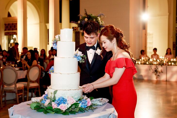 Luxurious Cake Cutting, Black Tuxedo and Modern Red Dress