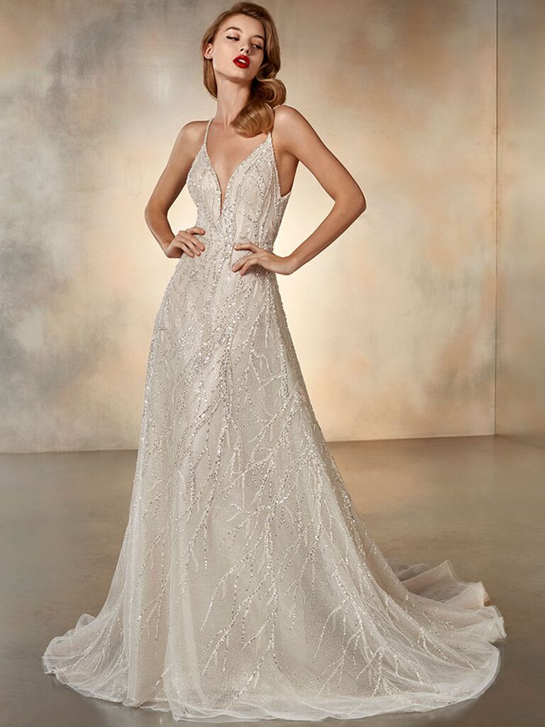 Atelier Provonias wedding dress champagne beaded ball gown