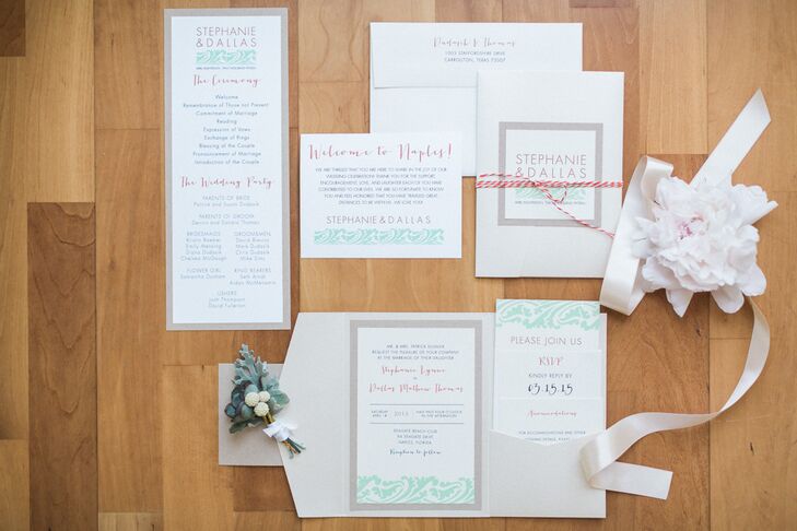 Tasha Rae Designs took care of all the custom stationery. From the invitation suite to the ceremony programs, every piece had a clean design, reminiscent of their contemporary, coastal inspiration. A modern wave pattern was used on almost every sheet, which contrasted the solid gray borders. We love how they added some other hues to the mix with a bold font in their wedding colors.