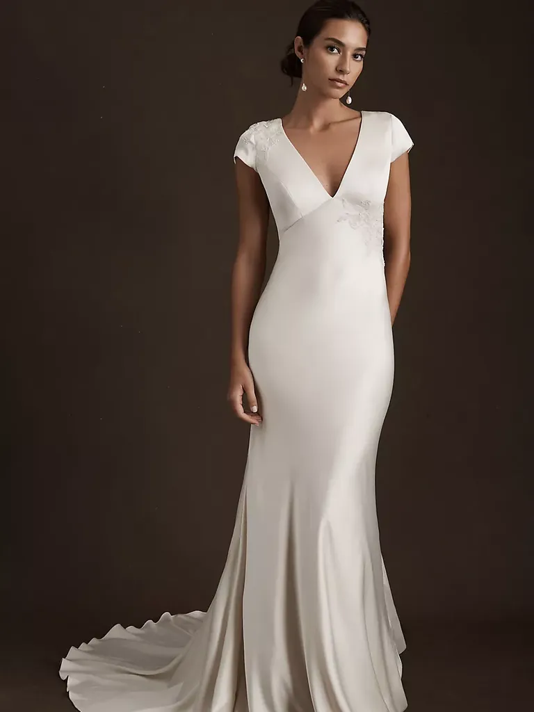 Deep V cap sleeve bridal gown for older brides