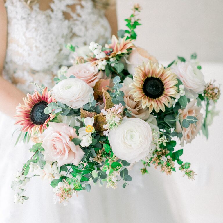 Sunflower, rose and ranunculus bouquet