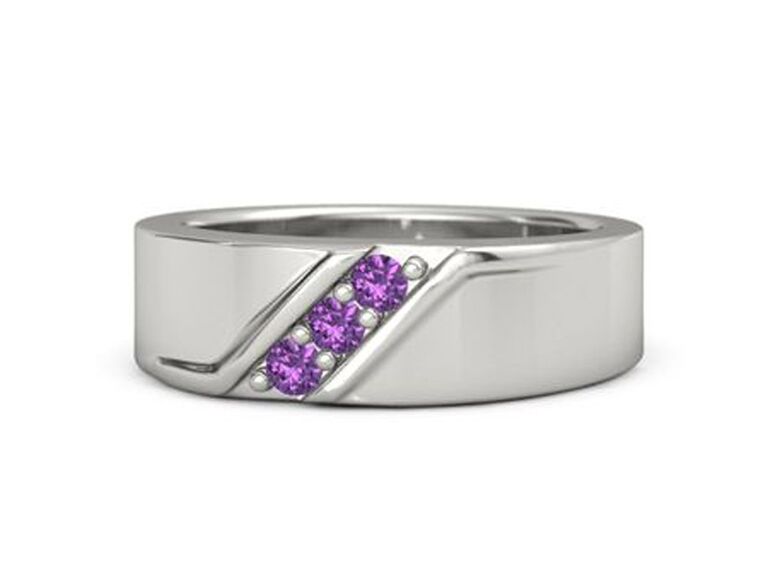 gemvara amethyst engagement ring with three round diagonally set amethysts and thick platinum band