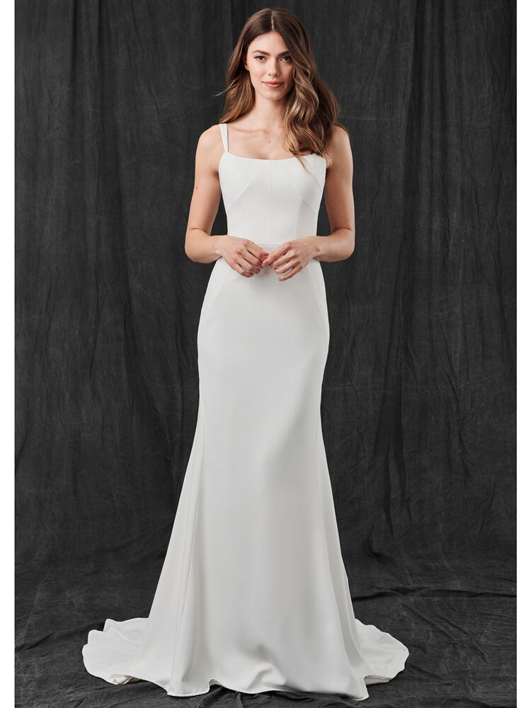 Kelly Faetanini fit-and-flare wedding dress with square neckline