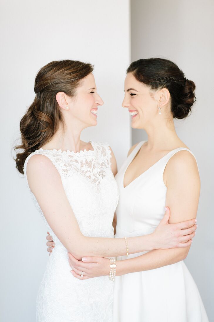 While Allison (right) donned a Nicole Miller design with a V-neck and lace detailing, Beth Anne chose a Casablanca sheath-style dress made entirely of lace. "We wore different Badgley Mischka shoes and changed into matching red heels for the reception," Allison says.