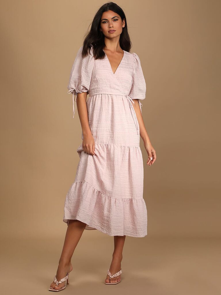 lulus light pink flowy wedding officiant dress with puff sleeves