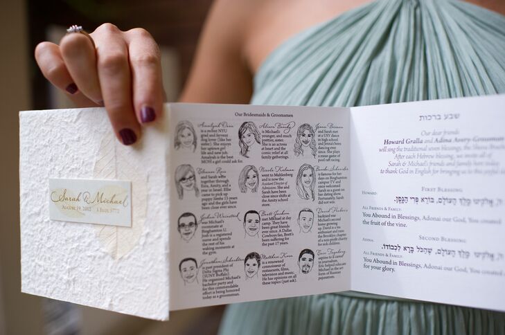 "We hand-designed everything, including the invitation (designed and hand-letter pressed with my family's help), ceremony program (there were hand-drawn illustrations of each member of the bridal party), reception menu, favors (vegan chocolate truffles) and more elements than I can count," Sarah says.