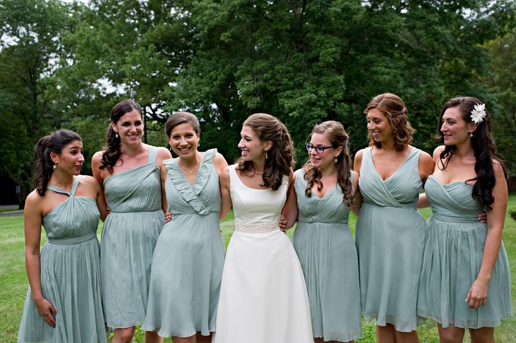 "My bridesmaids wore J. Crew silk chiffon dresses, all the same color, length and general style, but each of the six bridesmaids wore a different silhouette," Sarah says.