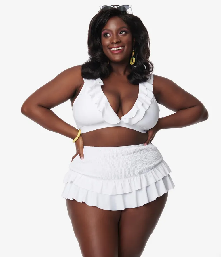 white ruffle bikini with high waisted bottoms