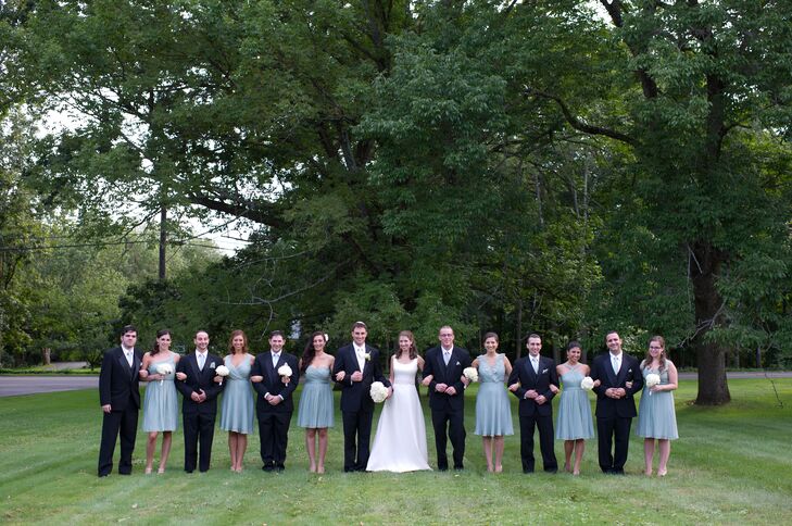 "The groomsmen wore suits from Jos. A. Bank, with ties -- purchased separately -- in the same color as the bridesmaid dresses," Sarah says. "The groom's vest and tie matched my bridal gown."