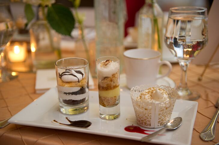 Sarah and Michael served kosher food options at their wedding reception, including a delicious assortment of dessert options, including whimsical layered cakes in clear glasses.