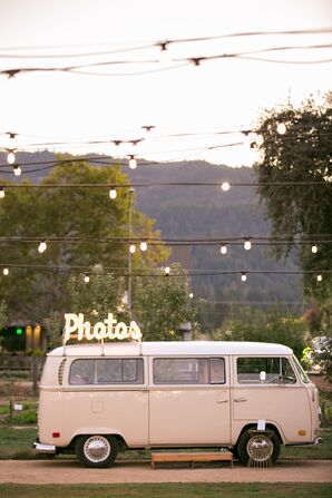 Café Lights and Vintage Trailer Photo Booth at California Wedding