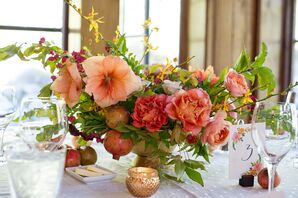 Coral Flower Centerpiece with Mercury Glass Votives