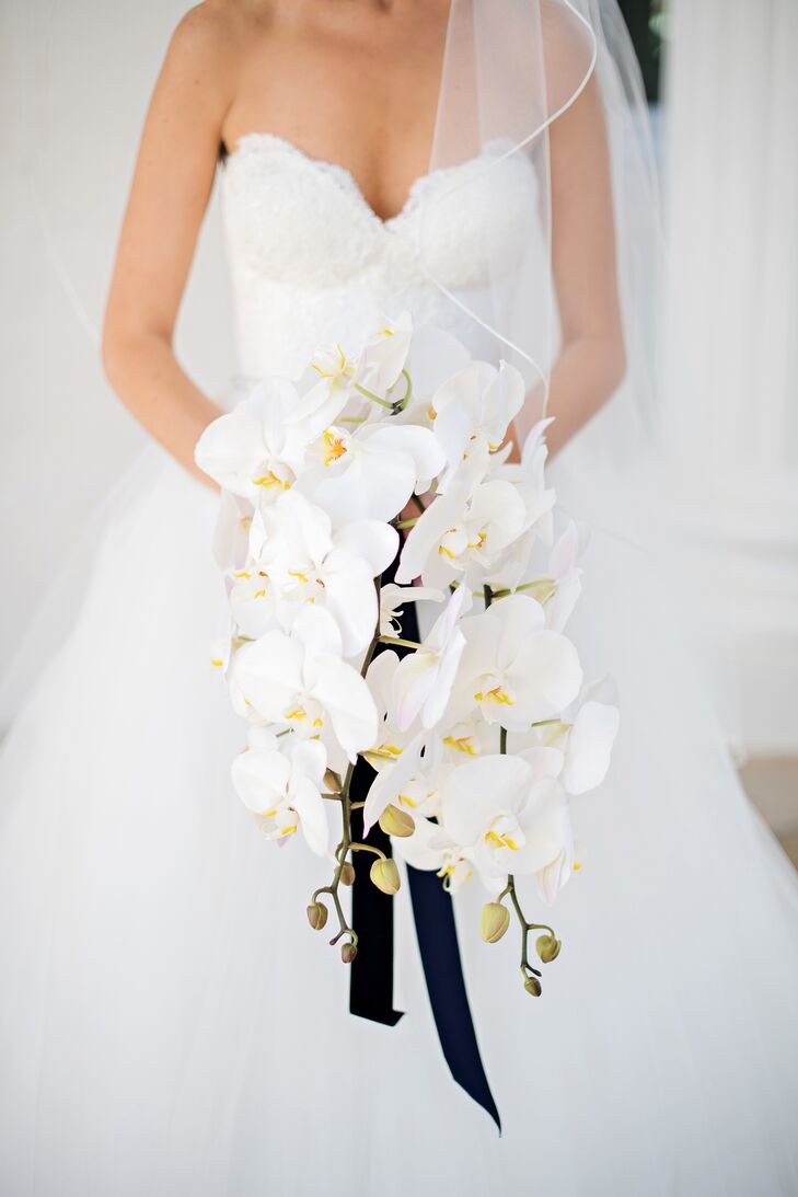 Modern Cascading Orchid Bouquet with Black Ribbon