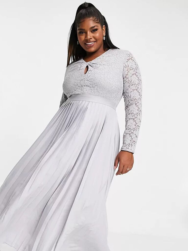 asos light grey pastel dress for wedding guests with cutout lace chest long laced sleeves and pleated flowy skirt 