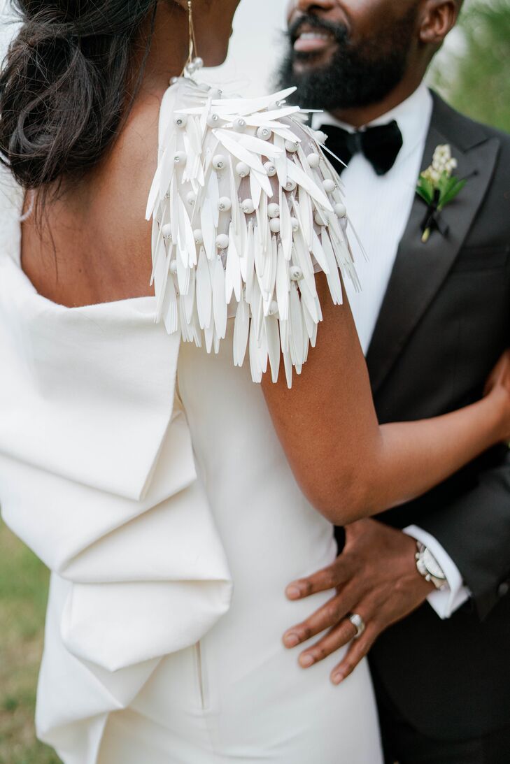 Embellished Column Wedding Dress With Beaded Sleeves and Ruffled Back