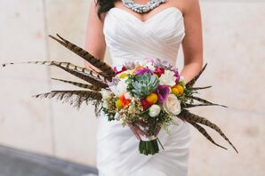 Succulent, Feather and Flower Bouquet