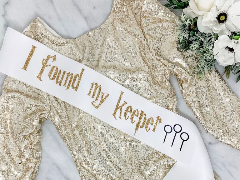 Harry Potter I Found My Keeper gold and white bachelorette sash 