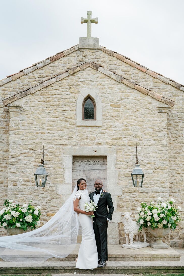 Bride and Groom Portraits in Front of French Chapel at The Club at Houston Oaks in Texas